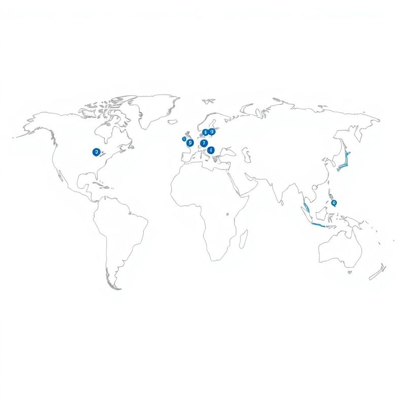 Minimalistická ilustrace světové mapy s inkoustově modrými značkami u Malty, Kypru, Singapuru a SAE